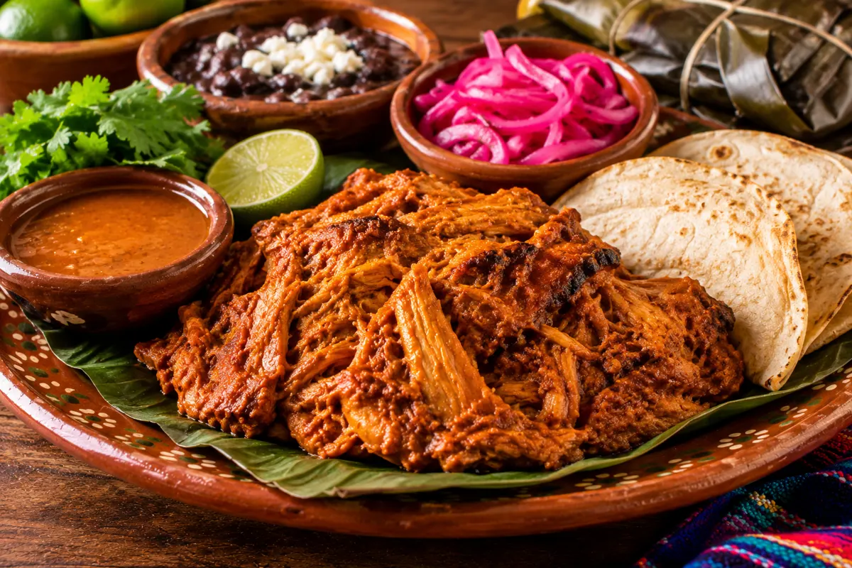 Cochinita pibil con cebolla morada y tortillas