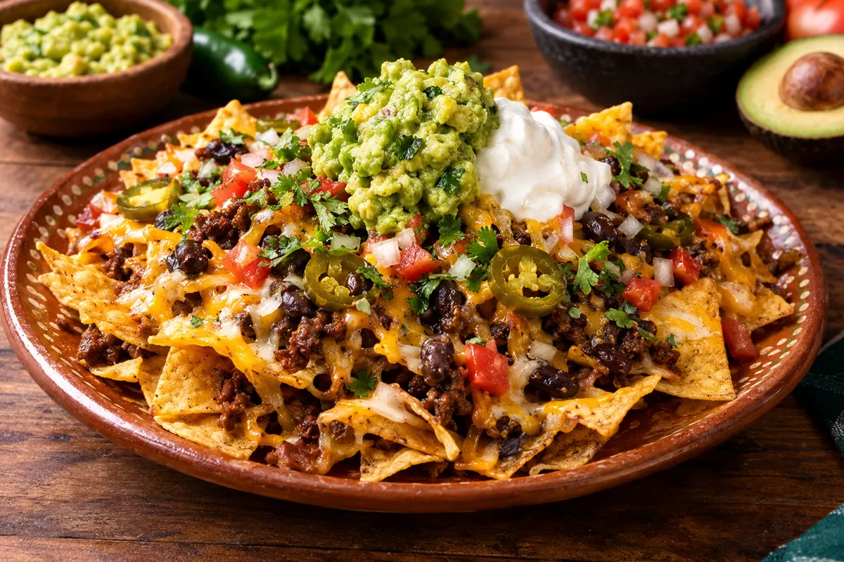Nachos de Porkynachos con queso fundido, carne, frijoles, jalapeños, crema y guacamole